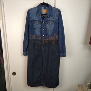 DKNY Long Denim Trench Duster Coat Womens Size L Blue 100% Cotton Boho Western
